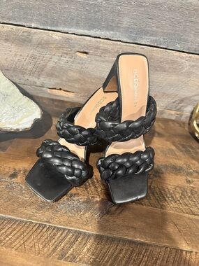 BCBGeneration Black Braided Double-Strap Block Heel Sandals